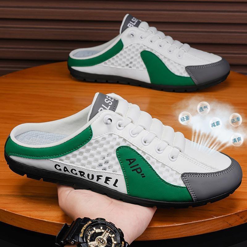 Fashion Men's Slippers Summer Mesh Breathable Casual Shoes Soft Sole Support Half Slippers for Men Baotou Half Slippers Sneakers
