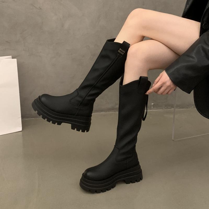 Thick-soled Heightening Boots Women's 2025 New Autumn and Winter Thin But Knee Boots Knight Boots Black High Boots