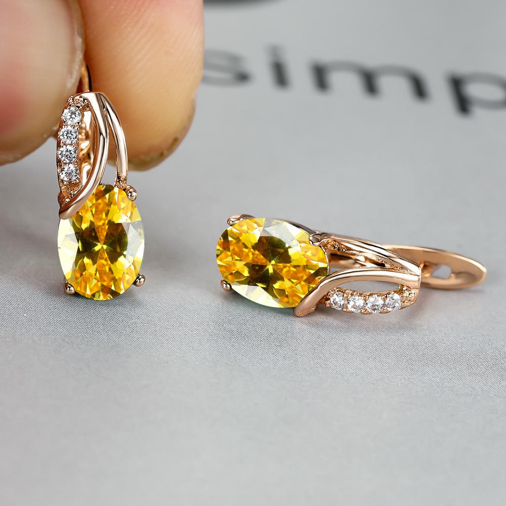 Oval Blue Zircon Diamond Champagne Gold-Plated Earrings for Weddings & Engagements