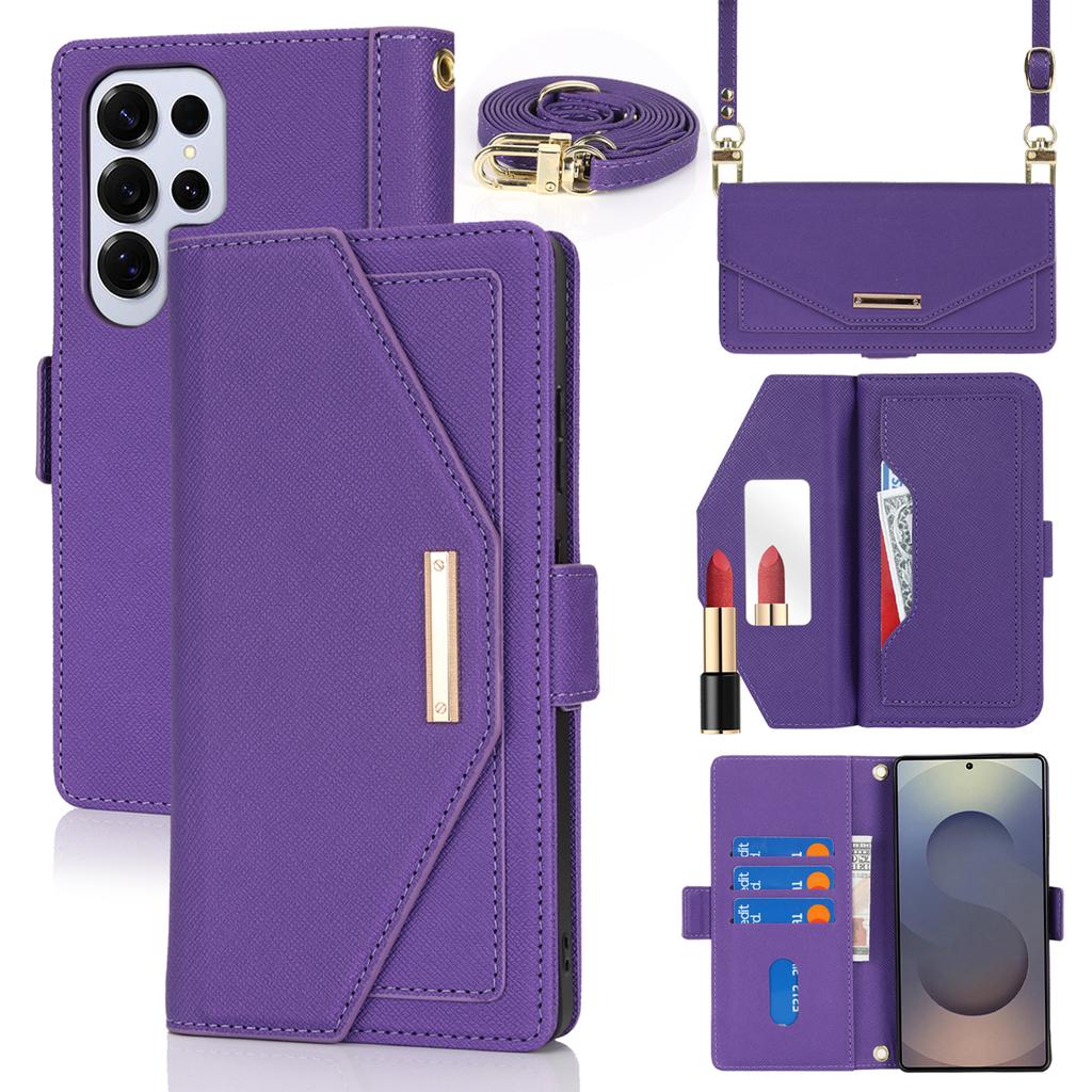 For Samsung Galaxy S25 Ultra Stand Case Cross Texture PU Leather Wallet Phone Cover with Shoulder Strap/Makeup Mirror