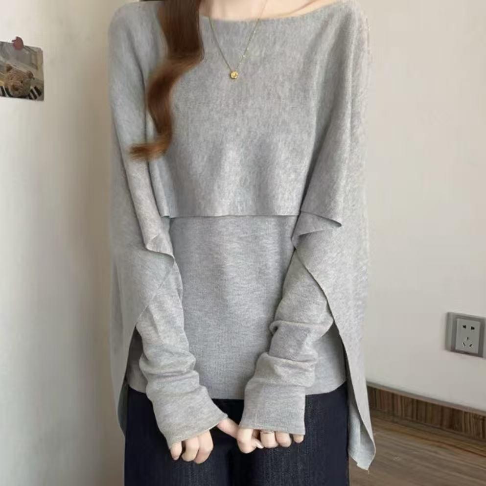 Korean Style Elegant Two-Piece Shawl Knitwear Sweater for Women - Autumn Cape Sleeves, Solid Color, Loose Fit, Slimming Top.