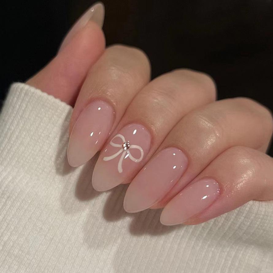 

Sweet Style Medium Almond Press-On Nails: Cute White Bow, 24 Pieces