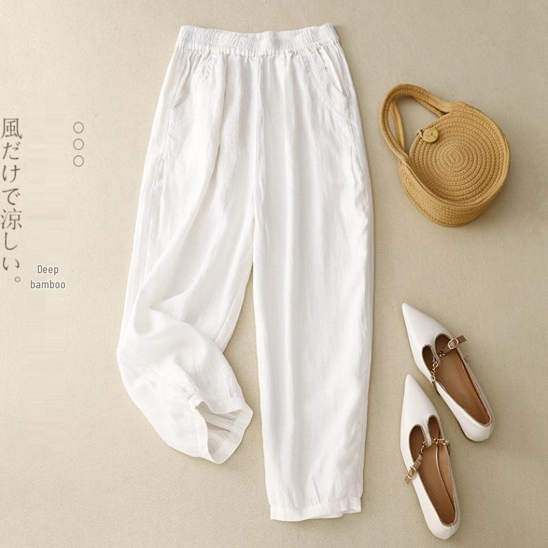 

2025 Summer Retro Cotton Linen Casual Women s Slimming Pants with Seven-Color Hook Flower Design M [95-112]