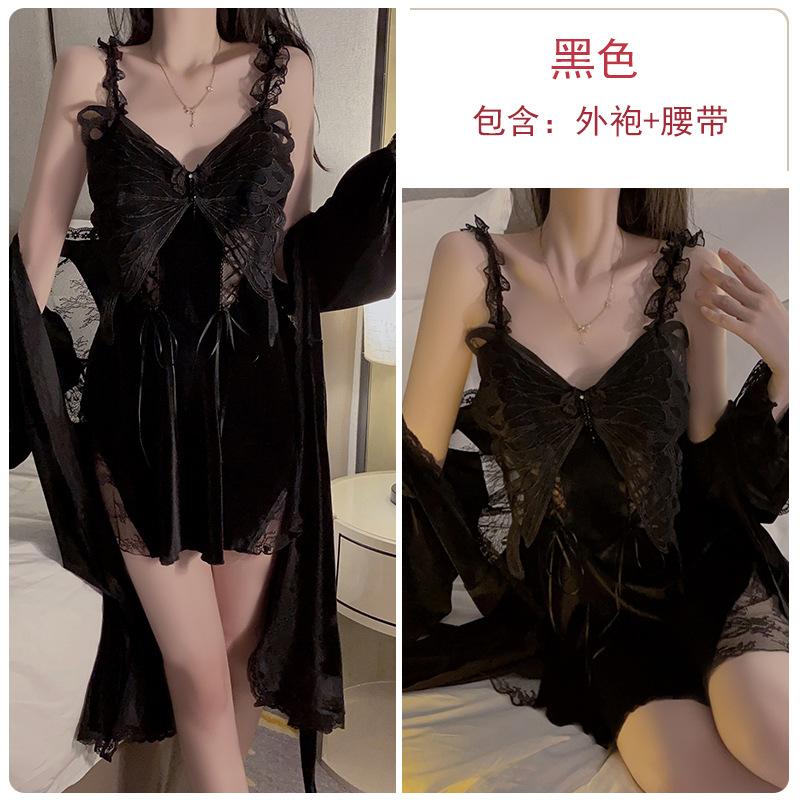 Women's Velvet Butterfly Deep V Padded Sleep Dress with Robe Lounge Set