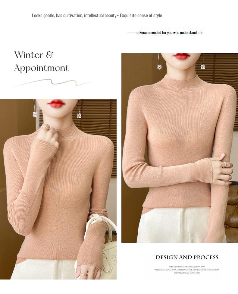 Women's Slim-Fit Half-High Collar Knitted Sweater for Autumn/Winter - Versatile and Comfortable