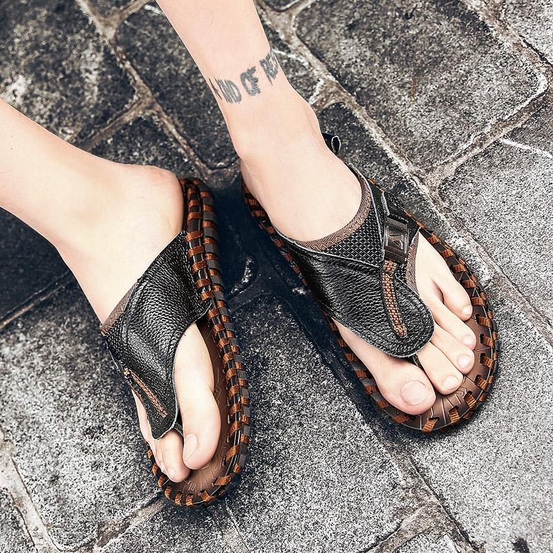 

2024 сандалии мужские из натуральной кожи ручной работы шлепанцы мужские повседневные модные классические массажные пляжные тапочки противоскользящие летние 48 чёрный