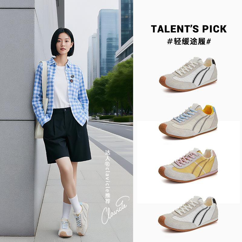 Leather Low Saturation Moral Training Shoes 2026 Spring Flat White Shoes Color Matching Casual Sports Shoes
