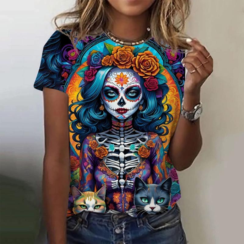 Mexican Day of the Dead Women's T Shirt 3D Print Rose Catrina Goddess O-Neck Short Sleeve Tees Streetwear Y2k Clothing For Girls