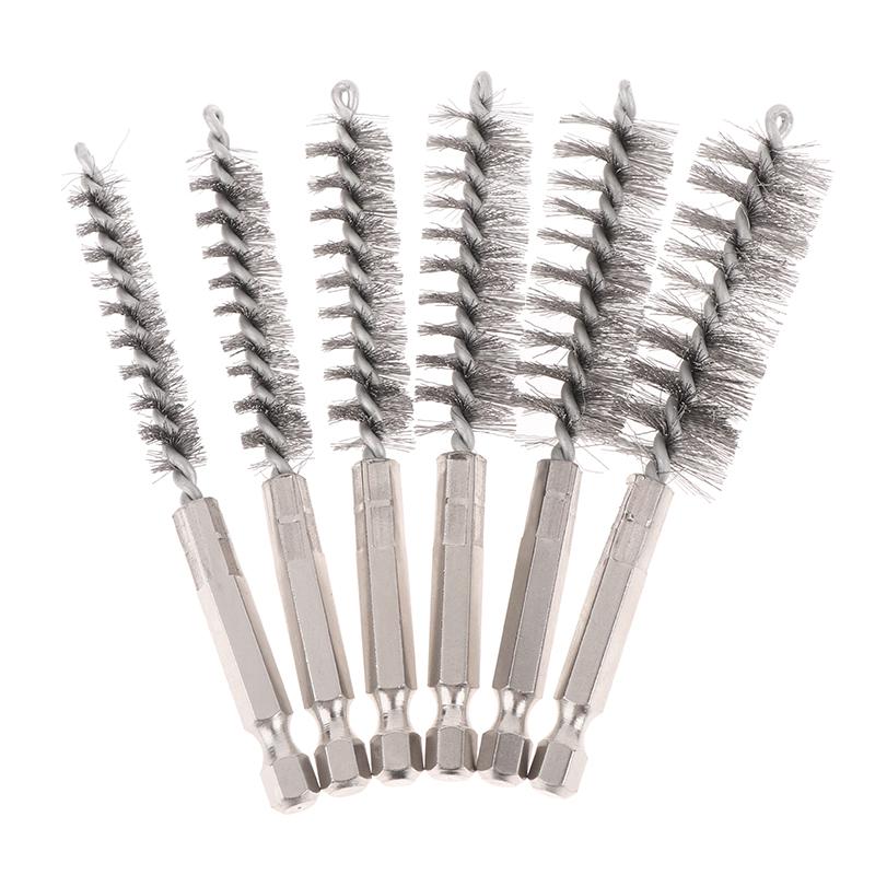 6 Pcs Stainless Steel Pipe Cleaning Brush Set 1/4" Hexagonal Bar Twisted Wire Hole Brush Cleaning Brush Bristle Wire Brush Hole