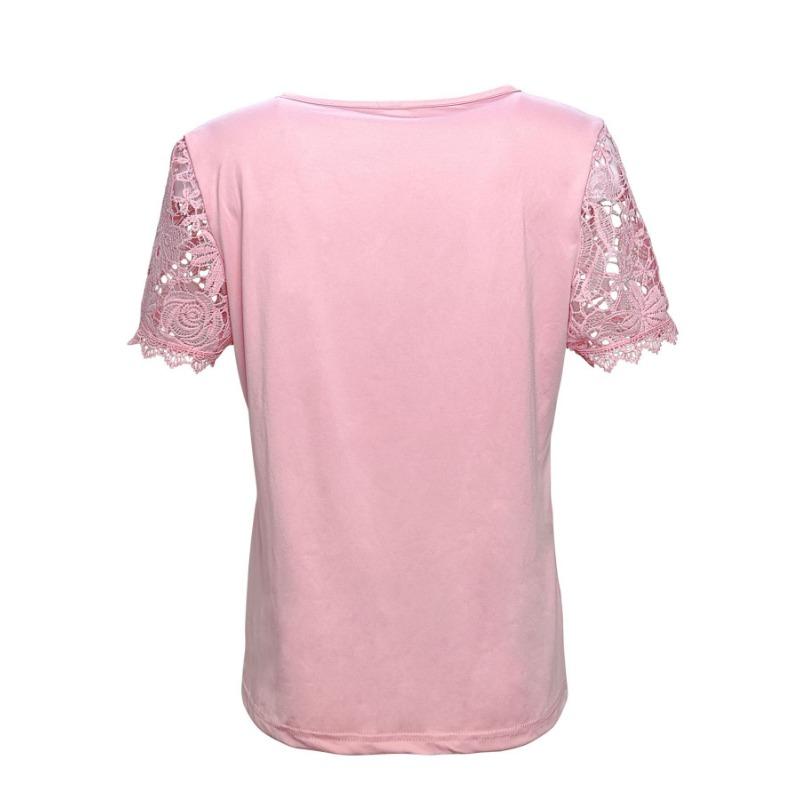Damenmode Sommer Neu Lässig Rundhals Kurzarm Spitze Plissee T-Shirt Top