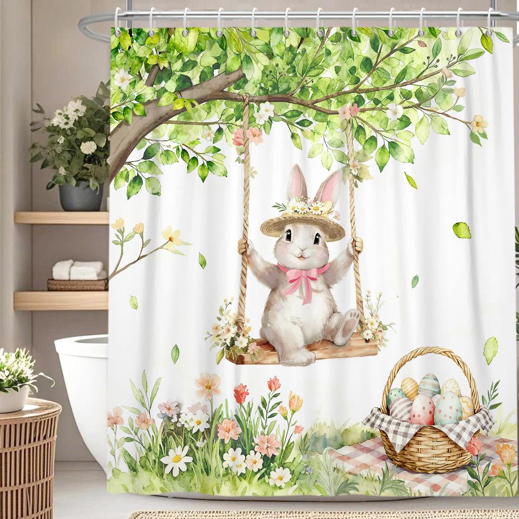 Waterproof Easter Theme Shower Curtain Bunny Easter Eggs Floral Basket Watercolor Check Pattern Design Spring Bathroom Decor
