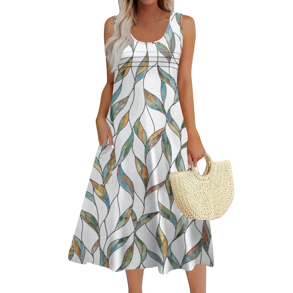 Women's Fashion Round Neck Sleeveless Pleated Beach Dress With Pockets Long Striped Printed Dresses