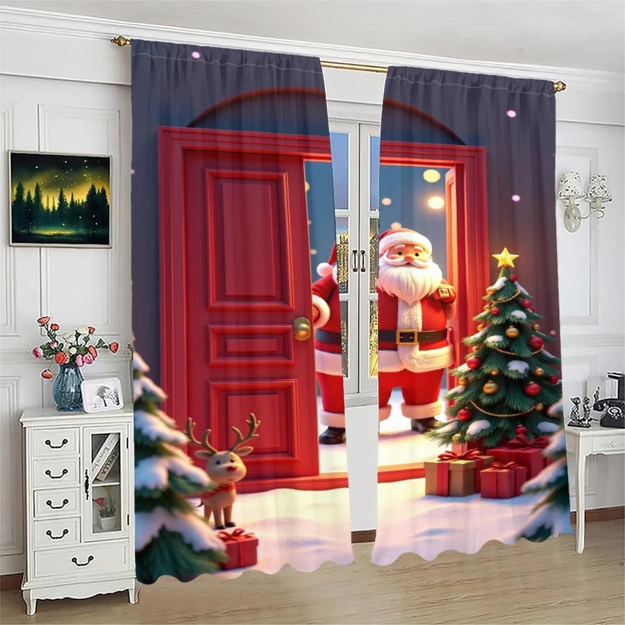 Modern Set Of 2 Christmas Santa Claus Tree Pattern Printed Curtains Decorations Home Room Curtain Polyester