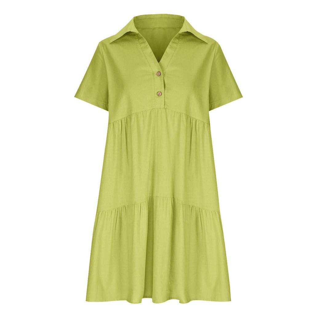 Summer Loose Color Lapel Casual Short Sleeved Cotton Linen Dress