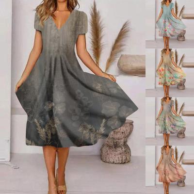 Damen Sommer Casual Fashion Retro Print Kurzarm V-Ausschnitt Swing Kleid