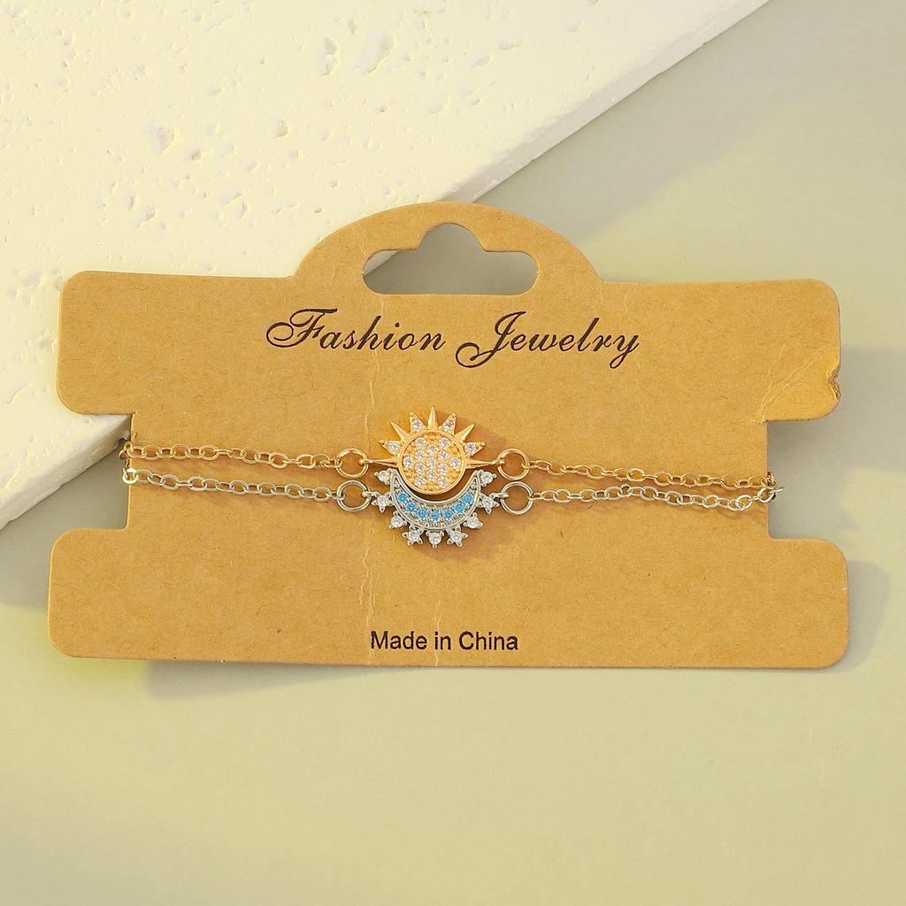 2Pcs Y2K Rhinestone Sun Moon Bracelets for Women Lovers Gold Color Silver Color Chain Friendship Bracelet Gifts Jewelry