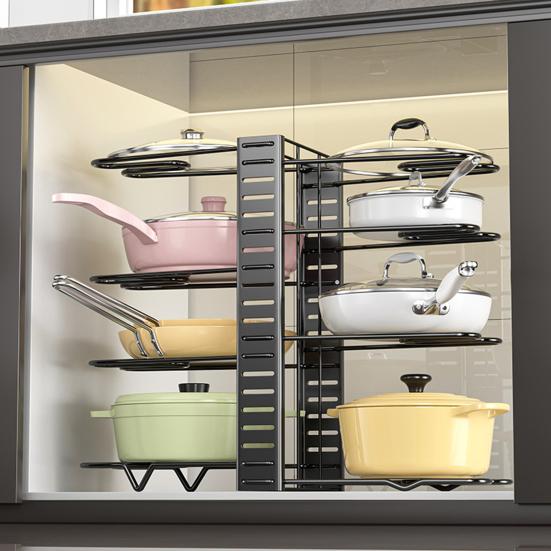 Szintes Állítható Serpenyőrendszerező Edénytároló Állvány Edény- és Serpenyőtartó Lábasállvány Konyhai Pultra és Szekrénybe