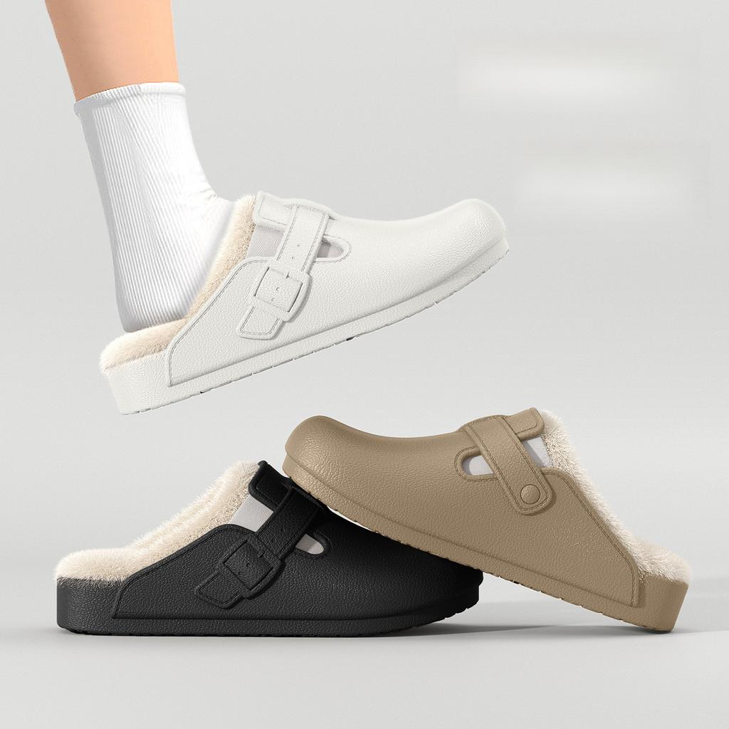 EVA Wasserdichte Birkenstock Hausschuhe für Damen und Herren, Herbst und Winter Outdoor Dicke Sohle Rutschfest Fleecefutter Warm Zuhause Geschlossene Zehen Baumwolle