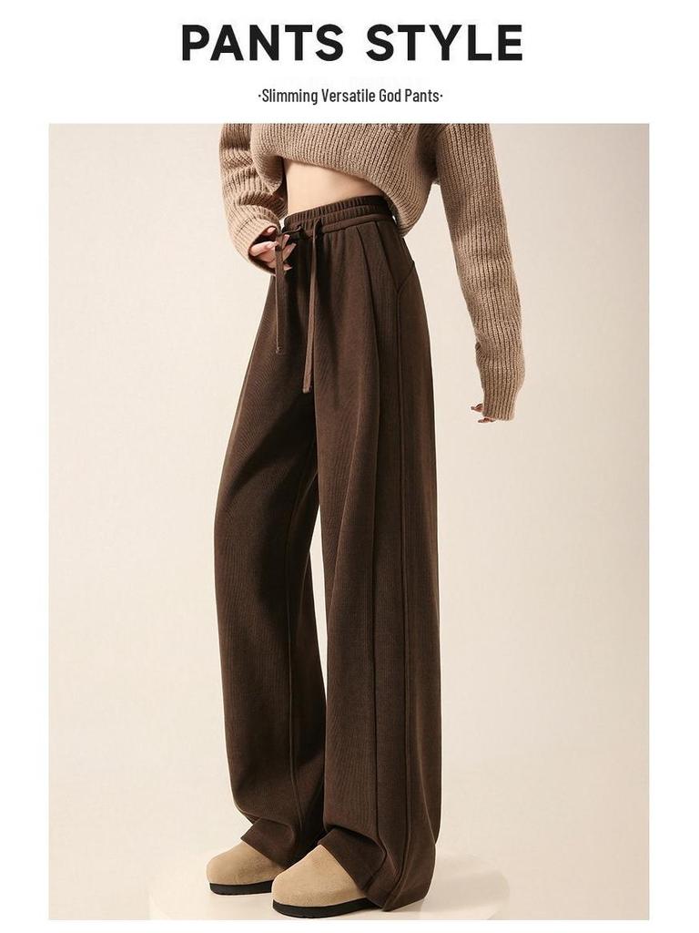 Women's Khaki Chenille Fleece-Lined Wide-Leg High-Waist Trousers: Sporty, Casual, Straight-Leg for Spring, Autumn, Winter.
