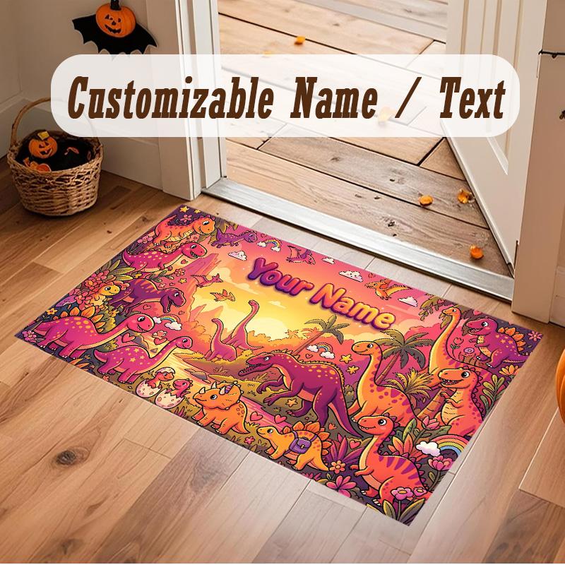 Dinosaur Theme Soft Crystal Velvet Rug Custom Name & Text Print Non Slip Floor Rug for Bedroom Living Room