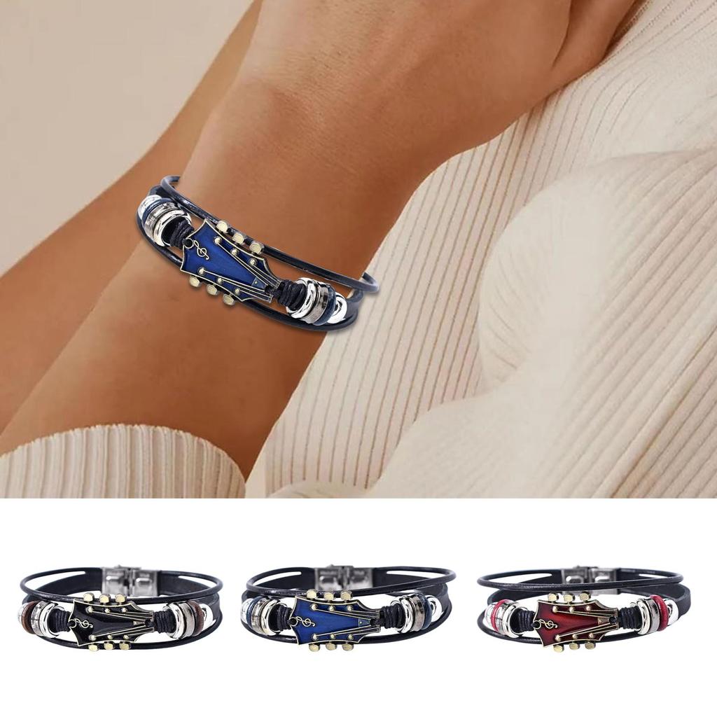Punk Style Braided Guitar Bracelet Zinc Alloy Adjustable Buckle Manual Woven Faux Leather 3-Layered Punk Retro Wrist Jewelry