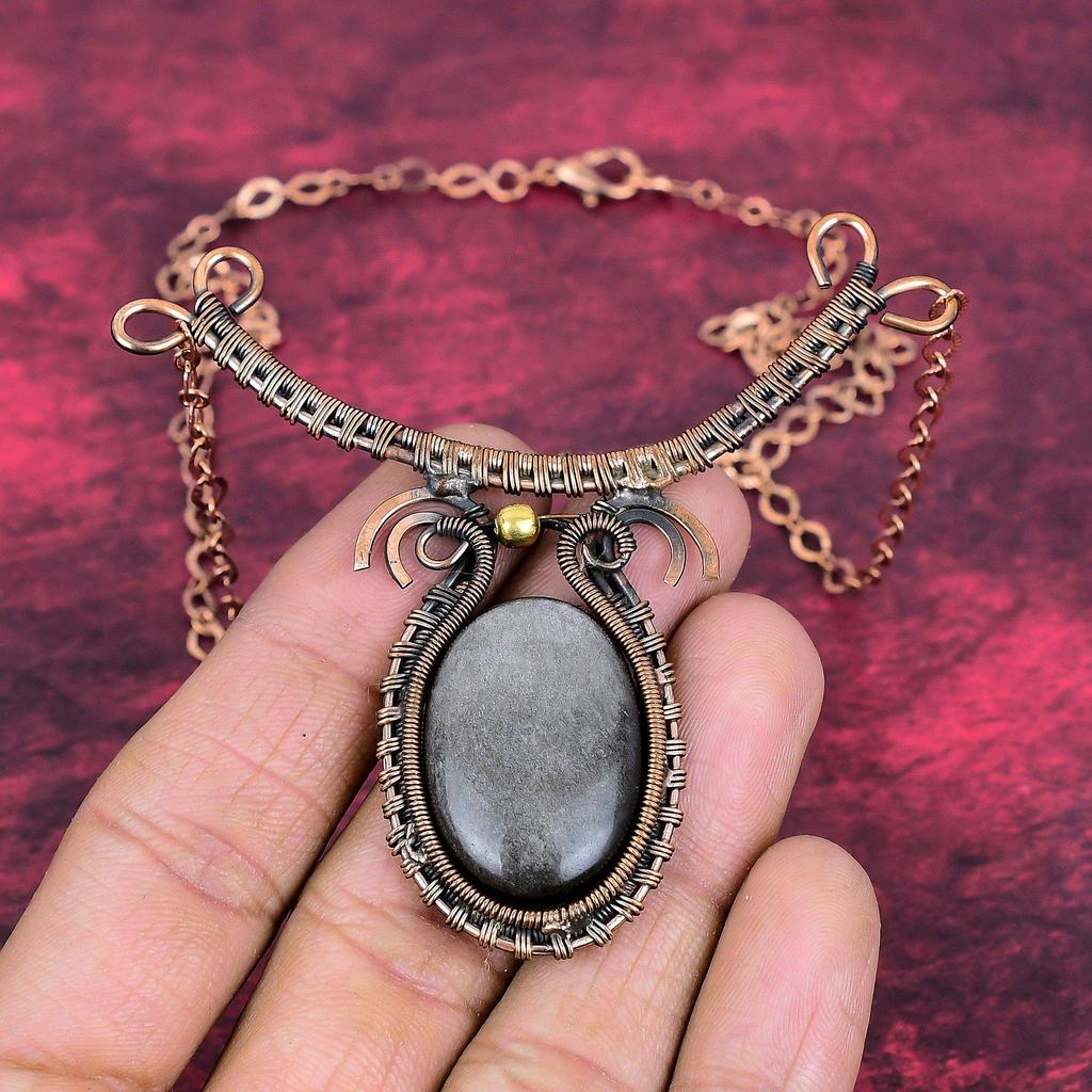 Silver sheen obsidian necklace copper wire wrapped jewelry dainty gemstone necklace handmade jewelry adjustable chain necklace wedding gifts