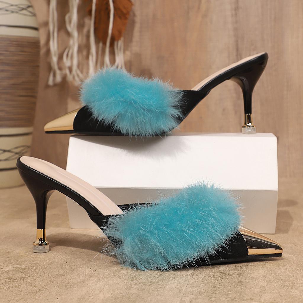 Women's Plush Mules High Heels  Metal Decoration, Pointed Toe Stiletto Sandals, Patent Leather Slippers, Fur Decoration, Sexy