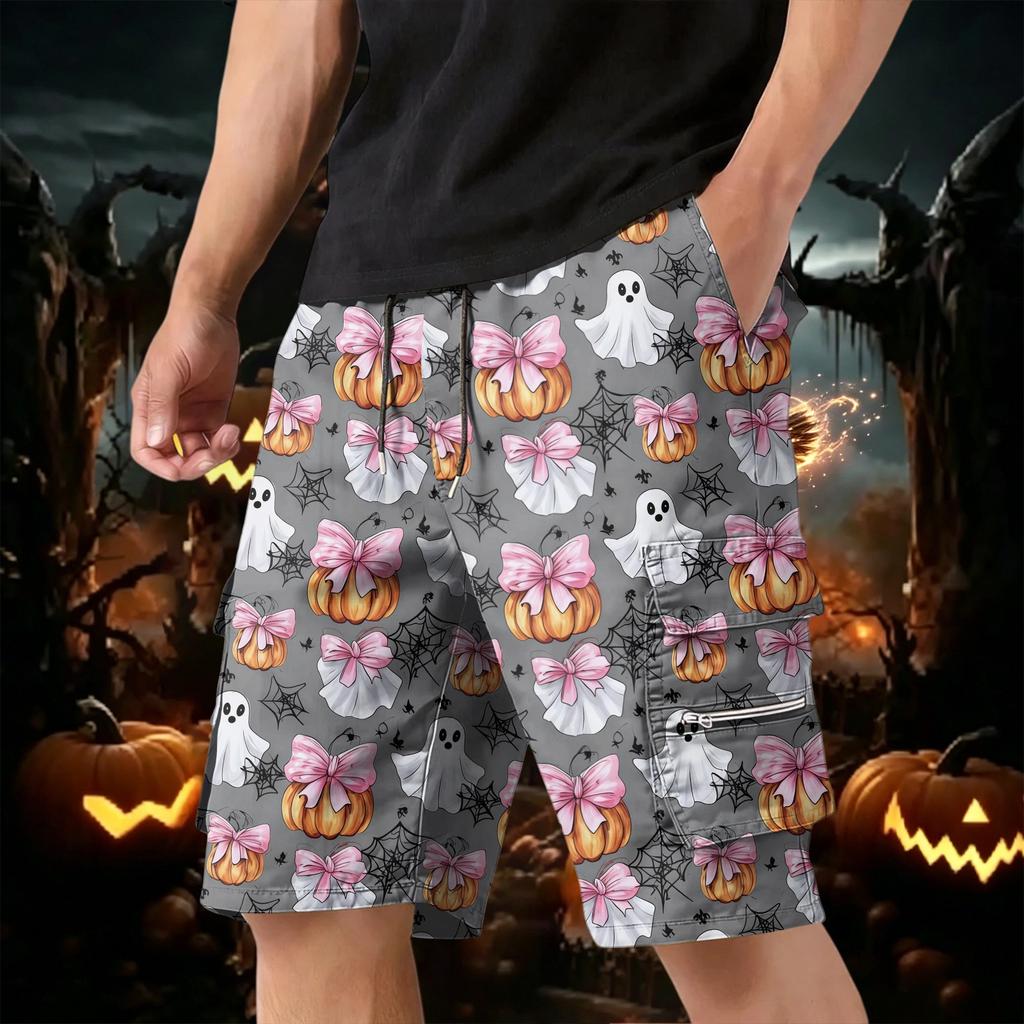 Men's Halloween Cargo Shorts with Multiple Pockets, Drawstring Waist, Casual Work Shorts for Costume Party, Summer Outdoors, Beach, Hiking, Daily Wear