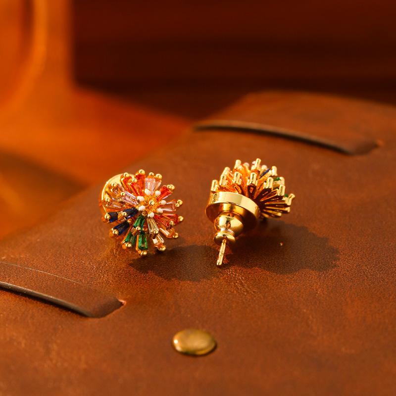 Dopamine Colorful Zircon Firework Stud Earrings Light Luxury Vintage Minimalist Jewelry for Women