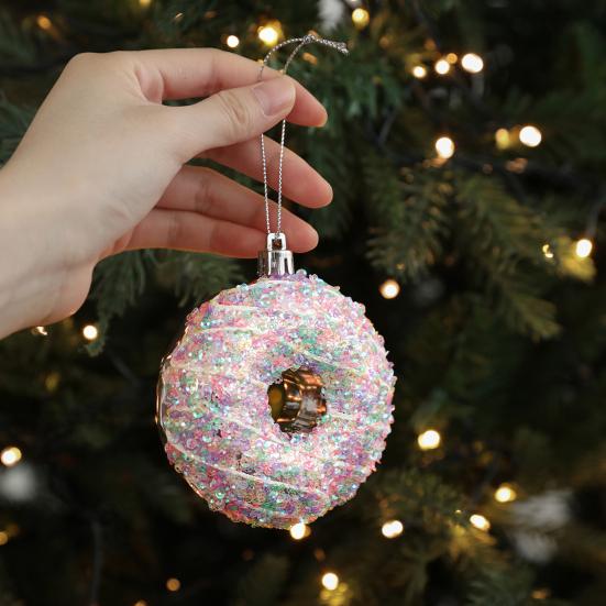 Christmas Ornament Sparkling Pink Series Ice Cream Doughnut Shape Hanging Pendant Farmhouse Xmas Decor