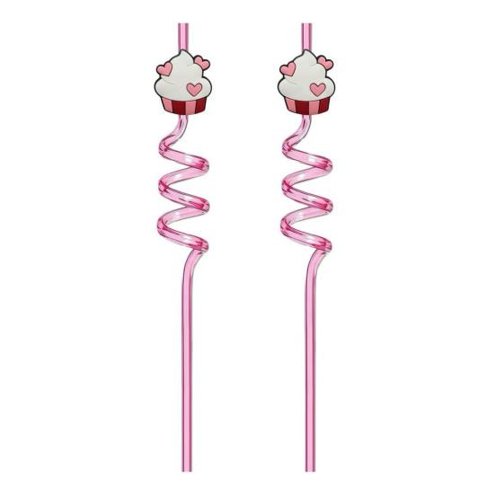 2Pcs Colorful Spiral Straws Creative Drinking Straws with Heart Lip Cake Charm Romantic Pink