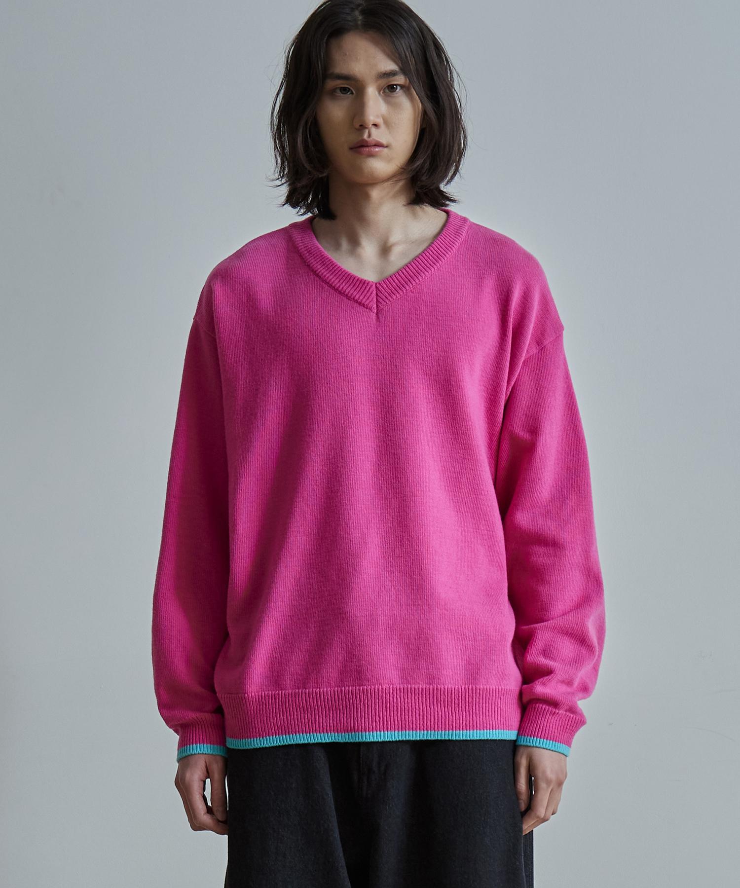 Vault Merino Wool Color Mixed V Neck Knit (Bright Pink & Mint) Bright Pink&Mint/2
