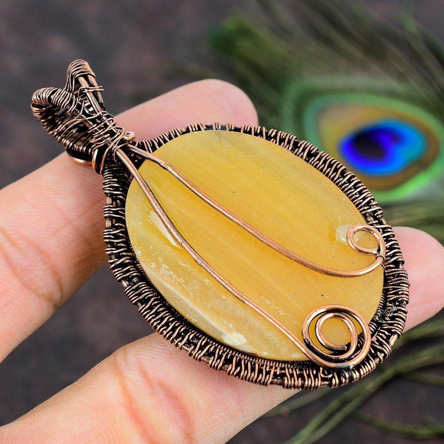 Yellow Fluorite Gemstone Copper Wire Wrap Jewelry Pendant 2.76