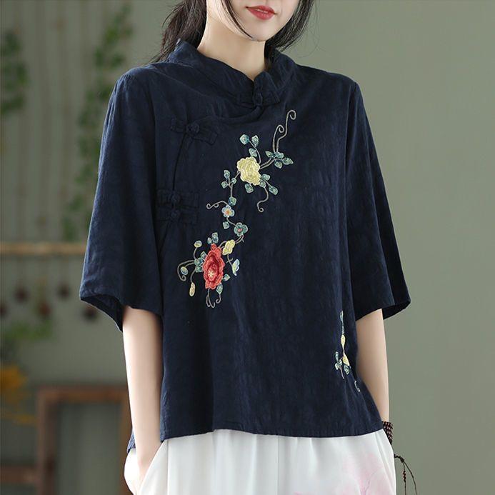 

Ethnic Style Large Size Cotton and Linen Shirt Women s Spring Summer Chinese Style Stand-up Collar Button-up Top Oblique Lapel Embroidered Tea Dress 4XL