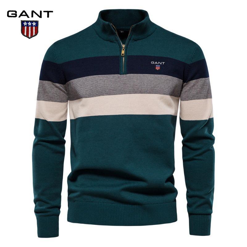 Gant Høst og Vinter Broderi Ny Herre Halv Glidelås Herre Genser Pullover Stripet Lappeteppe Genser