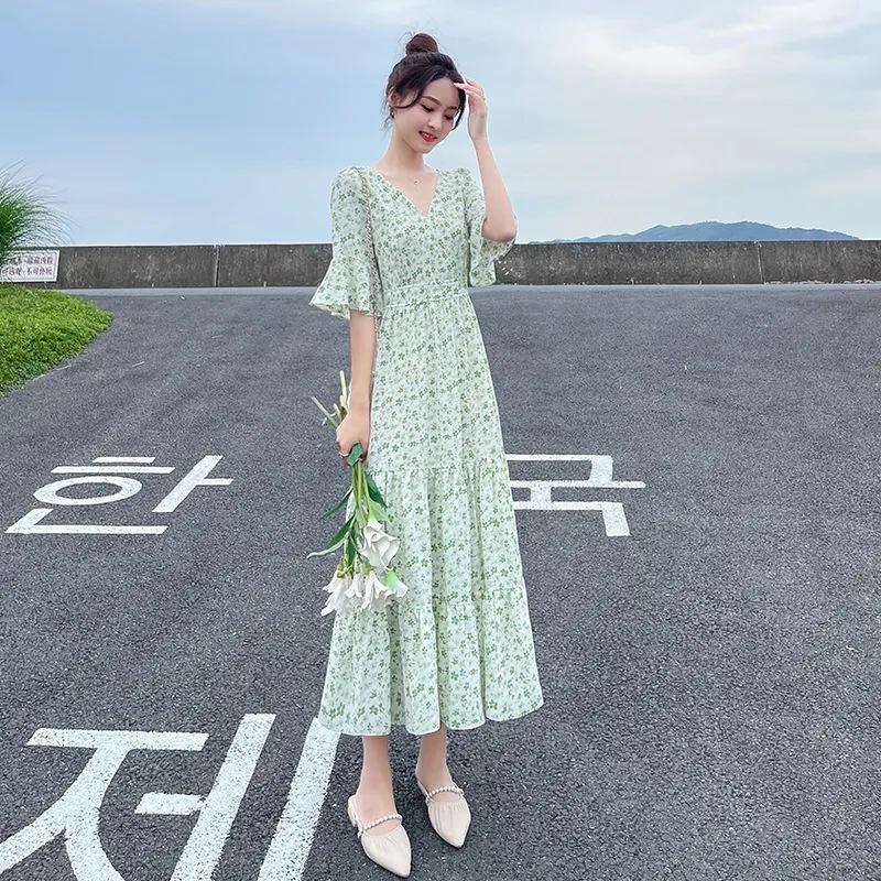 Women's Summer 2024 Floral French Retro Chiffon Long Dress - Over-the-Knee Cake Skirt
