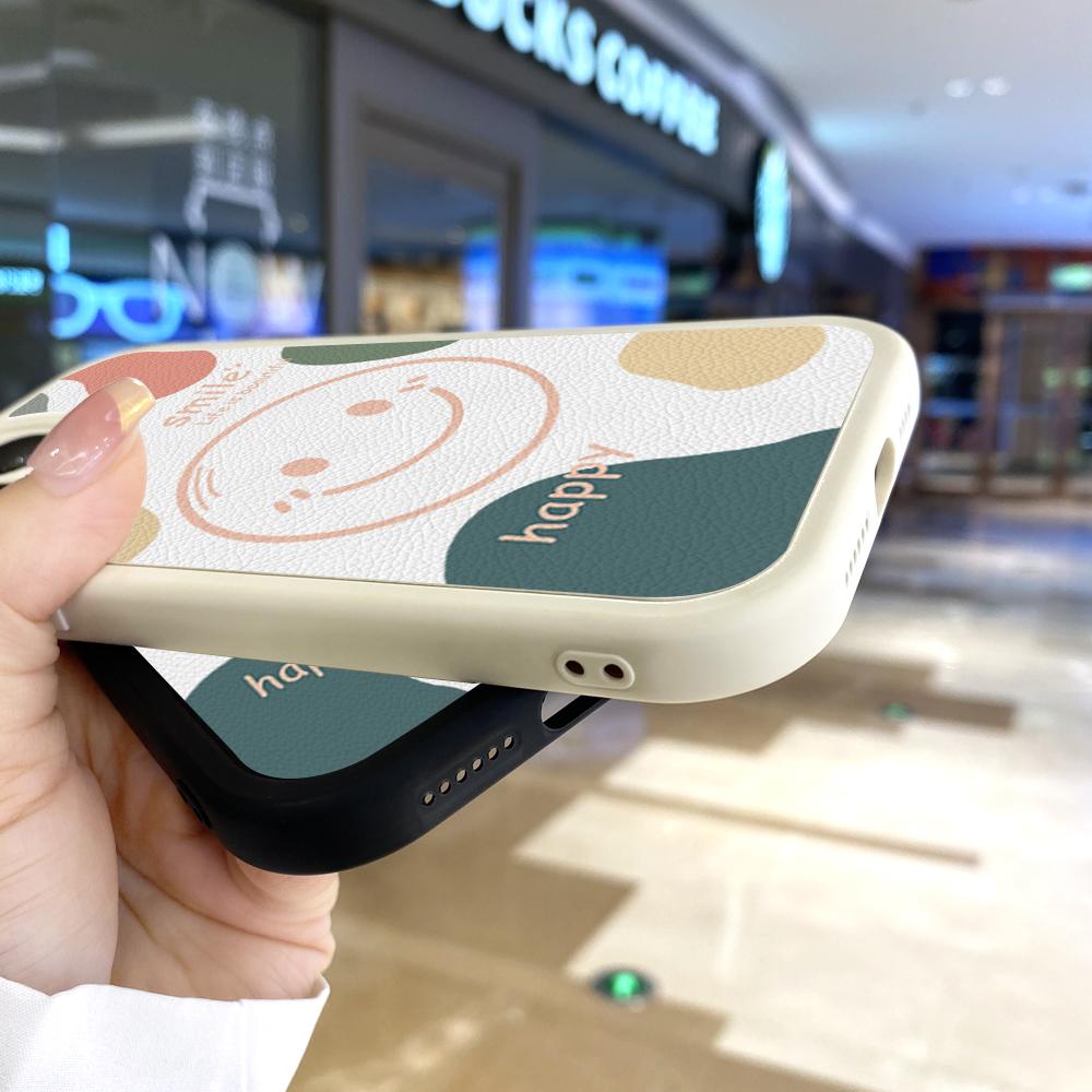 Slim Skin Feeling Cartoon Happy Smile Soft Silicone PU Leather Cover Phone Case for iPhone Samsung Huawei Honor Xiaomi Redmi OPPO Realme Vivo