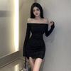 One-word Shoulder Dress, Female Slim Body with Diamonds, Long Sleeves, Irregular Hip-wrapped Short Skirt, Early Autumn New Black Skirt