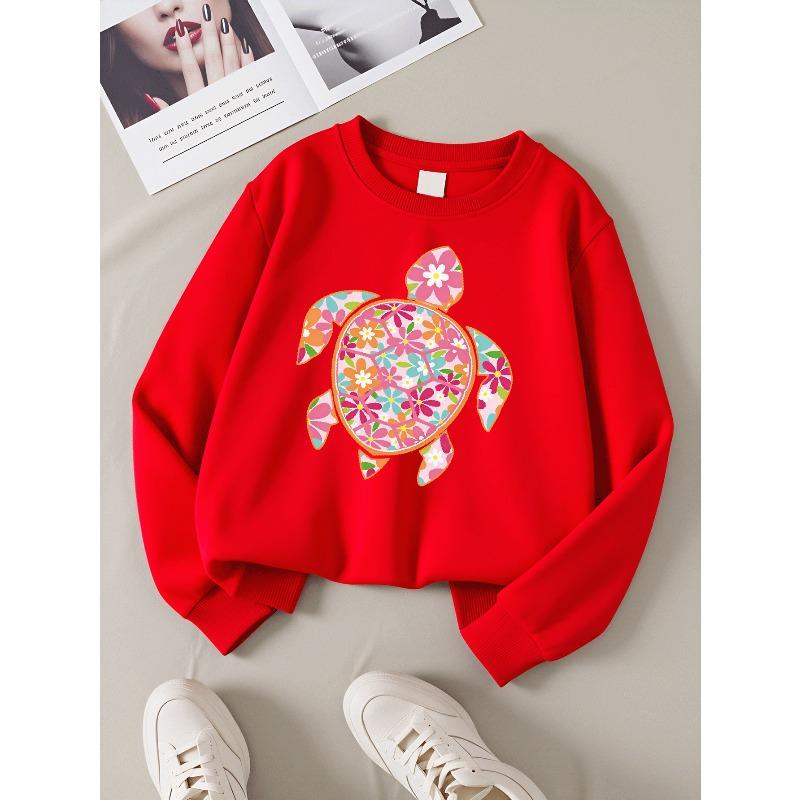 Kids Sweatshirt, Crew Neck Fashion Top, Fun "Floral Turtle Pattern" Patterned Sweatshirt, Suitable for Everyday Casual Wear