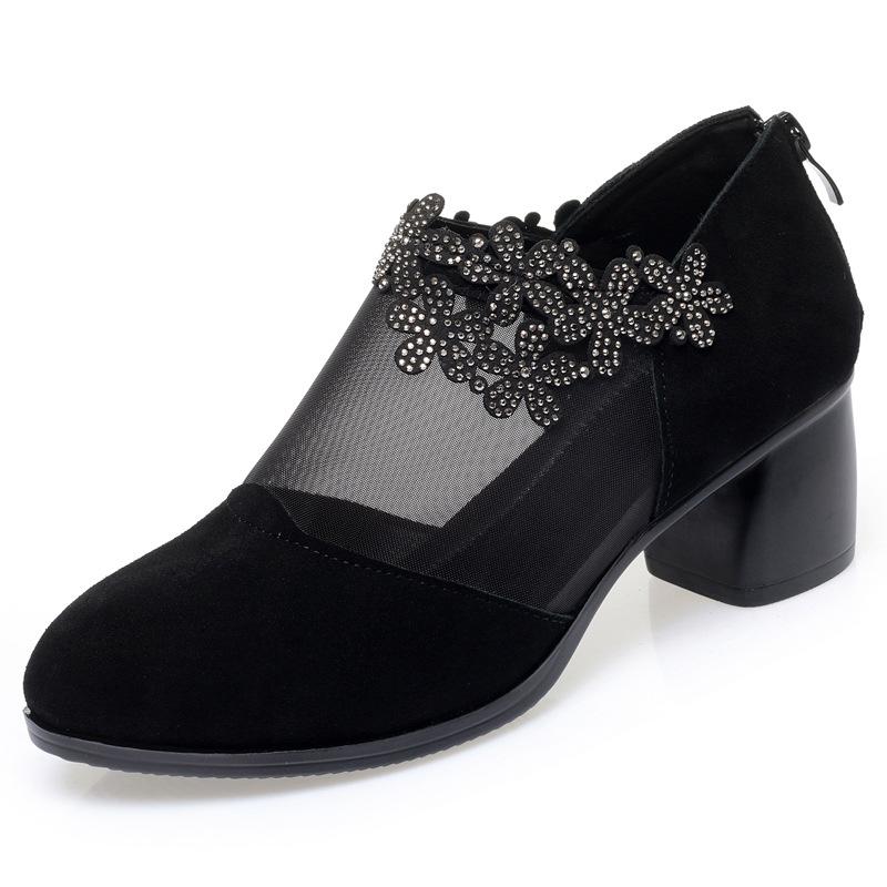 5cm Plus Size 35-42 Breathable Comfortable Mesh Rhienstone Shoes Women Pumps Summer 2025 Med Block Heels Gneuine Leather Shoes