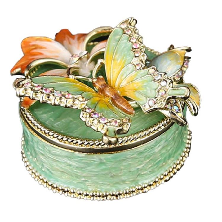 

Premium Stainless Steel Jewelry Box Artistic Cherries Blossom Enamel Detailing And Compartmentalized Interior зелёный