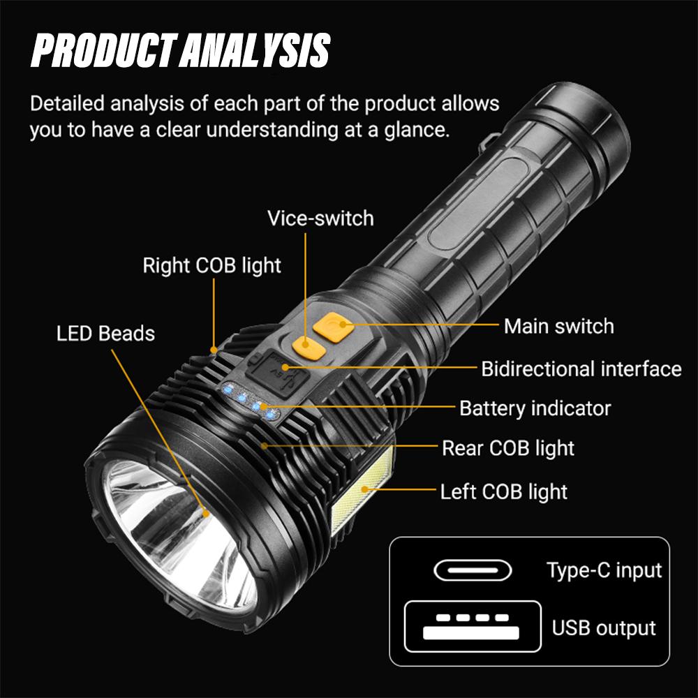 Super bright LED Flashlight Rechargeable torch Portable searchlight Outdoor Camping light With high brightness side light