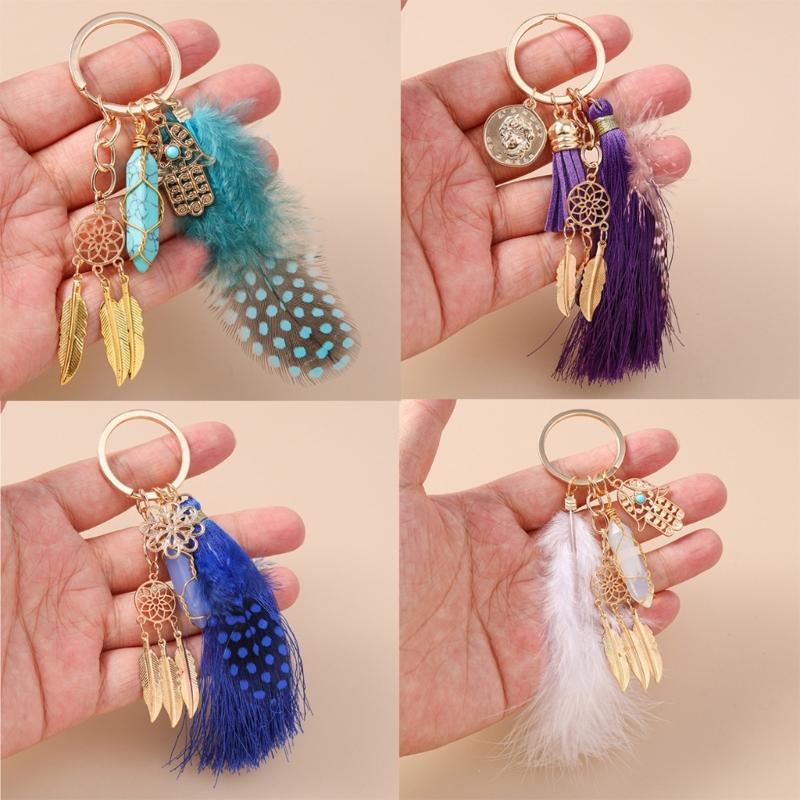 Hexagon Dreamcatcher Keychain Turquoise Key Ring Pendant Plush Feathers Tassels Handcrafted Jewelry Accessory For Women