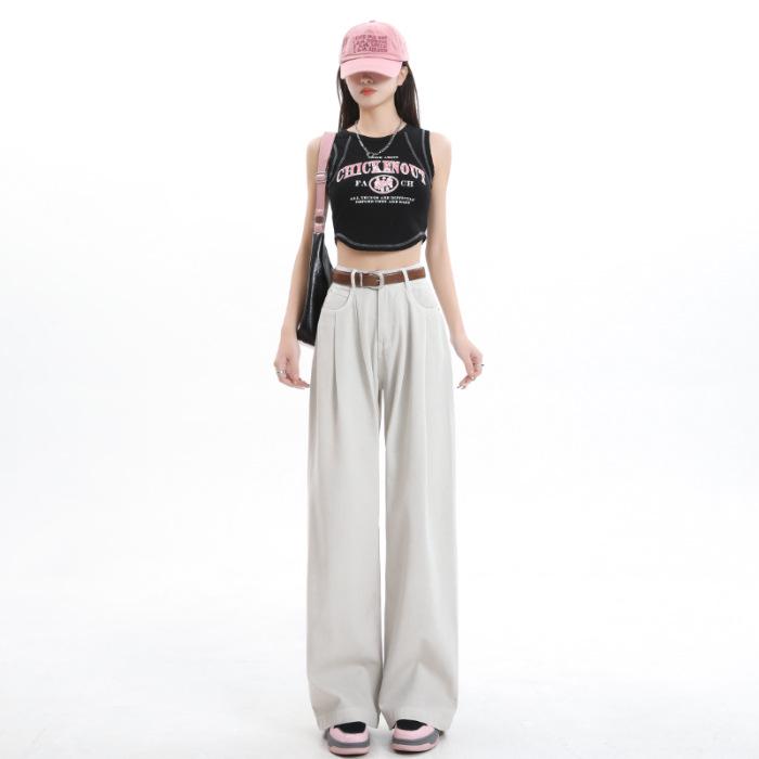 

Джинсы широкого кроя с высокой талией и складками цвета цемента для женщин - весна/осень в стиле ретро XL