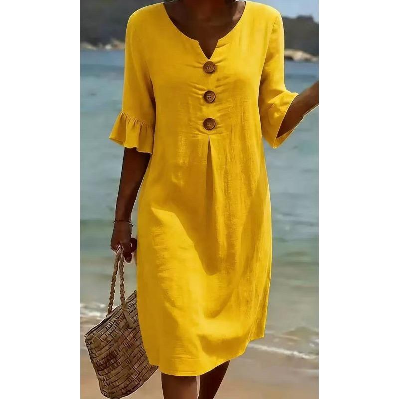 Abito midi da donna bianco effetto lino con scollo a V, bottoni decorativi e maniche a volant