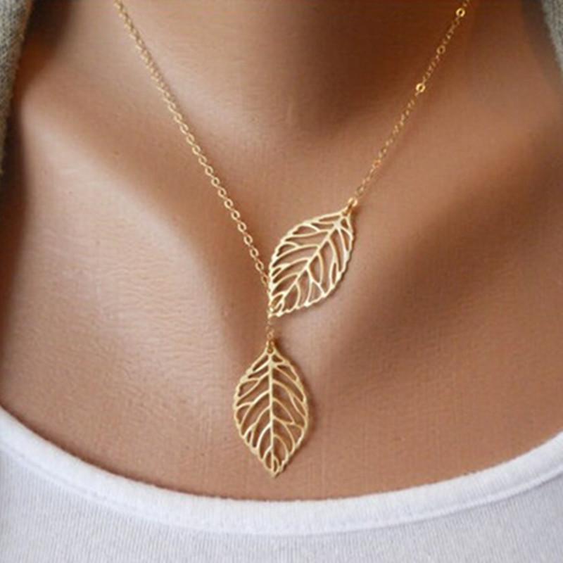 

New Double Leaves Women Clavicle Necklace Silver Color Leaf Pendants Necklaces Collares Fashion Jewelry bijoux femme