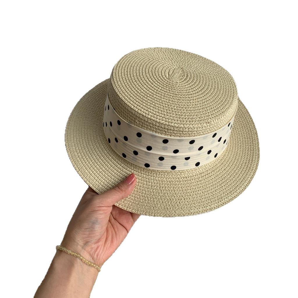 French Polka Dot Flat Top Straw Hat Women's Summer Seaside Vacation Beach Hat Sunshade Sunscreen Hemming Top Hat Sun Hat