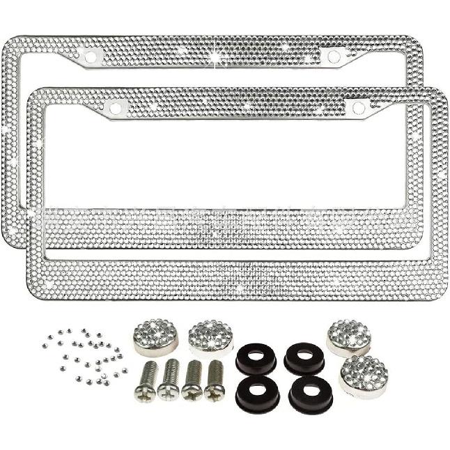 Car License Plate Frame for Women Men 2 Pcs Bling Rhinestone Licence Plate Holder Stainless Steel Covers with Screw Caps Crystal Glitter Tag