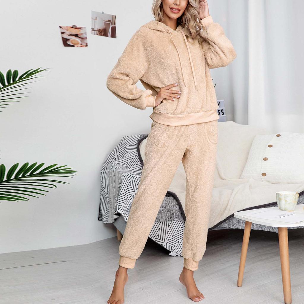 Women's Solid Colour Loose Casual Reversible Fleece Hooded Sweatshirt Home Wear Fashion Set