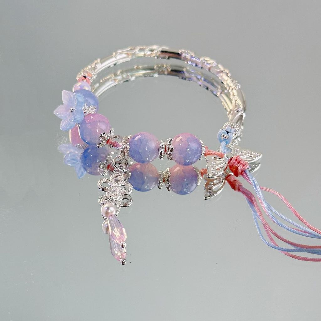 Exquisite Natural Stone Butterfly Flower Bracelet Elegant Gradient Color Beaded  Pendant Elastic Beaded Bracelets for Women Gift